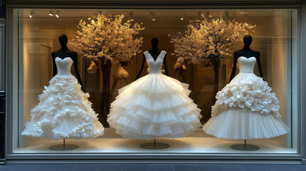 Elegant White Wedding Dresses Displayed in Boutique Window with Floral Decor