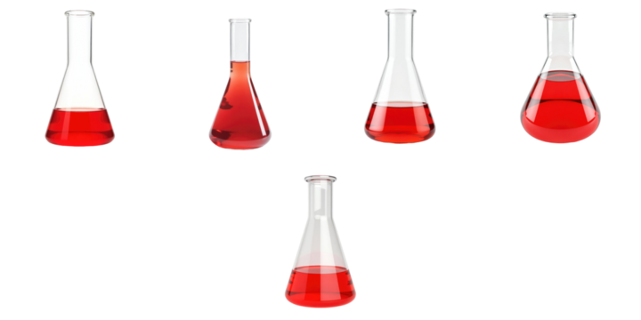 Collection of Various Laboratory Glassware Featuring Red Liquid in Different Shapes, Including Flasks and Beakers with Clear and Transparent Design Against a transparent Background. - Powered by Adobe