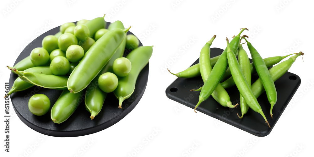 Poster fresh green peas and pods displayed on transparent platters with glossy finish featuring various typ