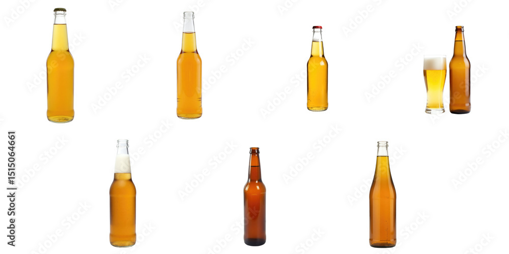 Poster collection of various beer bottles and glasses on transparent background featuring different shapes 