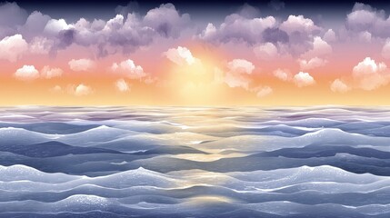 Serene Ocean Waves Under Colorful Sunset Sky with Soft Clouds and Gentle Ripples on Water