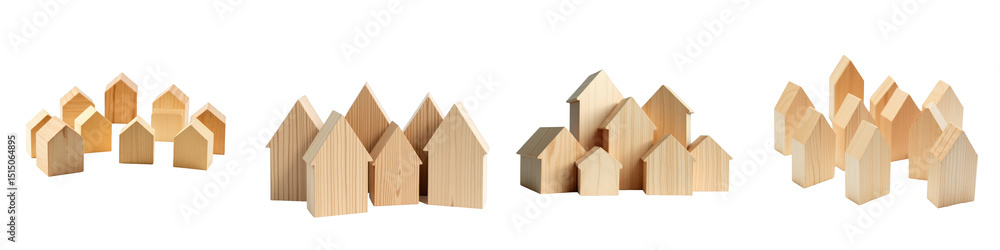 Poster wooden house models in various arrangements showcasing unique shapes and sizes on a transparent back