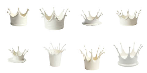 White Liquid Splashes Collection Featuring Various Crown Shaped Spills on a transparent Background with Diverse Heights and Designs for Creative Use in Graphics and Media