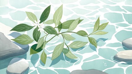 Serene Water Reflection With Green Leaves and Soft Stone Edges in Tranquil Nature Scene