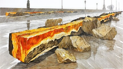 Striking Geological Formation on a Wet Surface Highlighting Rich Textures and Colors