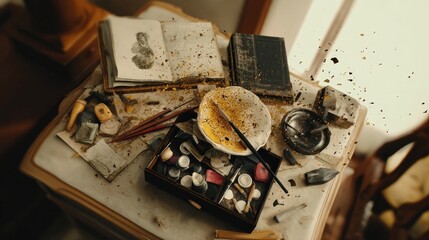 Vintage Artist Desk with Paints, Brushes, Books, and Sketches Surrounded by Dust Particles
