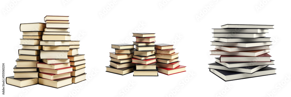 Poster collection of three distinct piles of books with varying covers and spines displayed on a transparen