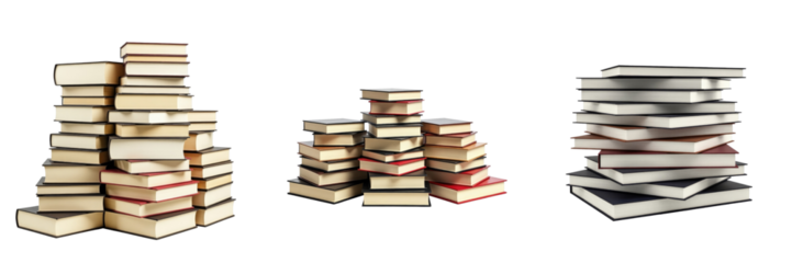 Collection of Three Distinct Piles of Books with Varying Covers and Spines Displayed on a transparent Background, Showcasing Different Sizes and Arrangements