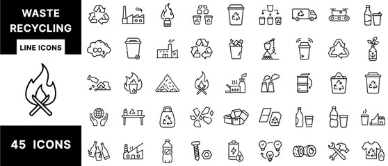 Waste Recycling Line Icons Set Featuring Trash Sorting, Reuse Materials, Garbage Processing, Waste Reduction, CO2 Control, Eco Bins, and Industrial Recycling Symbols