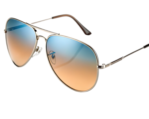 Close up of aviator style sunglasses with gradient lenses and silver frames on black background