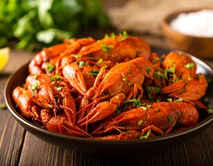 Cooked crayfish on a dark plate