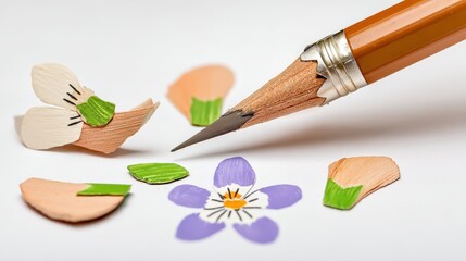Colorful Pencil Shavings and Floral Designs Created with Sharp Pencil on White Background