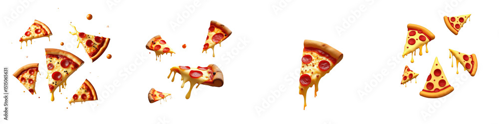 Aufkleber pizza slice png collection with various angles and dripping cheese on a transparent background