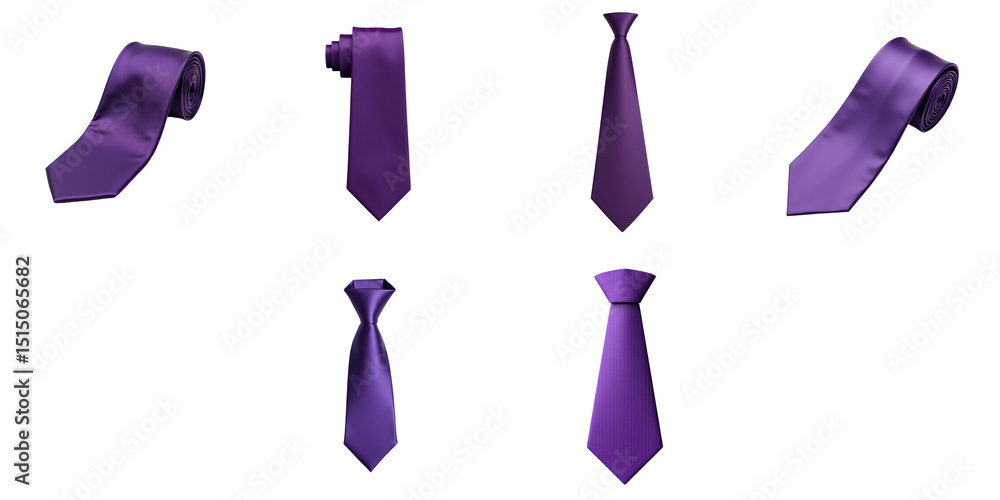 Poster collection of six elegant purple ties displayed on a transparent background featuring various styles