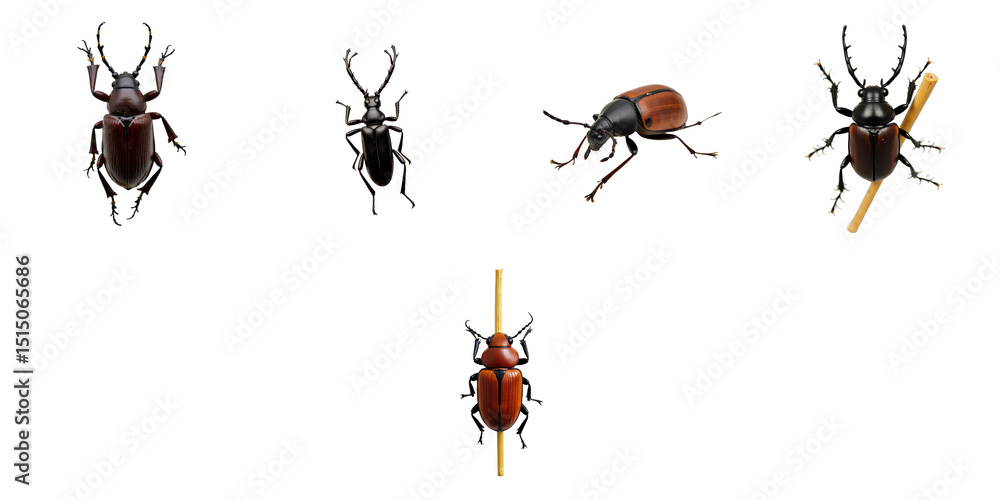Poster detailed collection of five distinct beetles showcasing various colors and sizes, featuring a mix of