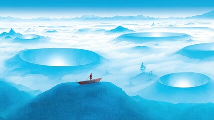 Serene Journey Through Ethereal Landscapes in Soft Blue Tones and Minimalist Style