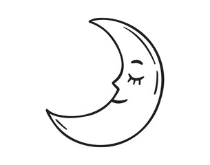 Cute moon smiling with closed eyes dream sleep element doodle hand drawn icon. Outline line drawing clipart symbol