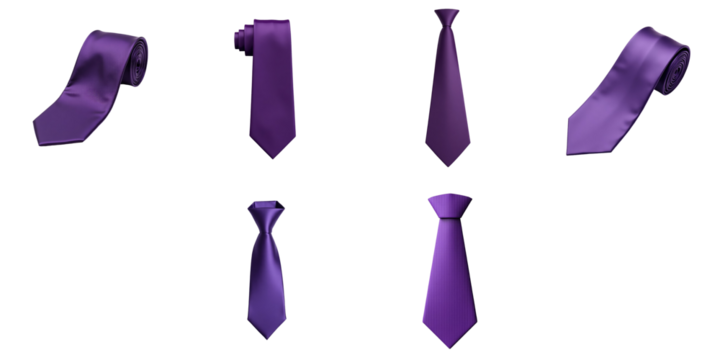 Collection of Six Elegant Purple Ties Displayed on a transparent Background Featuring Various Styles Including Rolled and Flat Designs with Smooth Textures