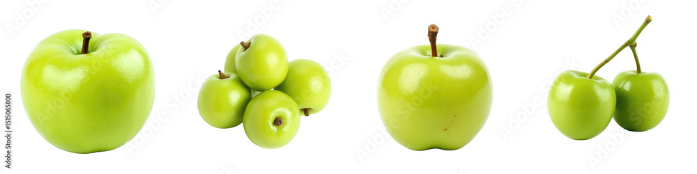Poster fresh green apples variety displayed on transparent background showcasing different shapes and sizes