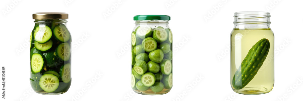 Aufkleber three glass jars filled with pickled cucumbers and slices various compositions including whole cucum