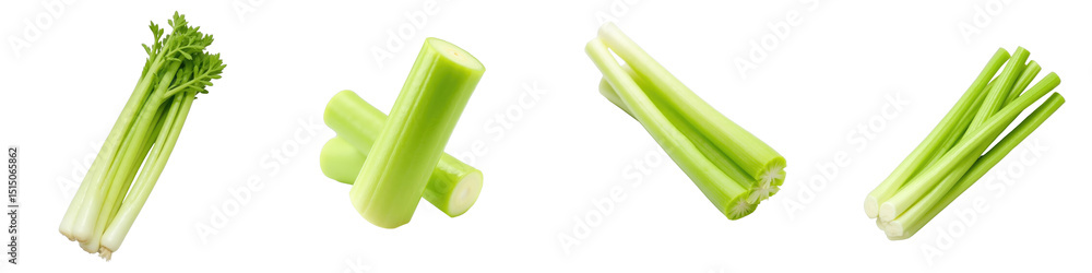 Poster Collection of Fresh Celery Stalks Displayed on transparent Background Featuring Varied Cuts and Arrangements Capturing Their Vibrant Green Color and Crisp Texture