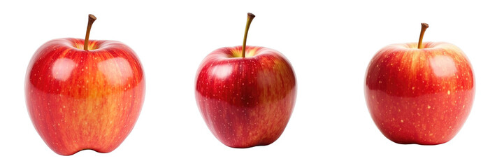 Collection of three ripe red apples showcasing varying sizes and shapes against a solid transparent...