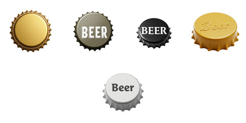 Collection of Various Beer Bottle Caps Featuring Different Colors and Text Styles on a transparent Background