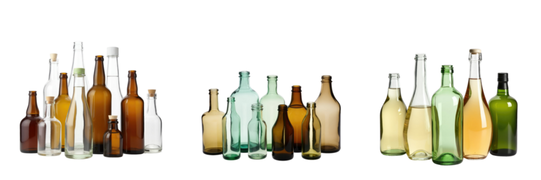 Assorted Array of Transparent Glass Bottles in Various Shapes and Colors on a transparent Background Featuring Clear, Green, Amber, and Brown Tones