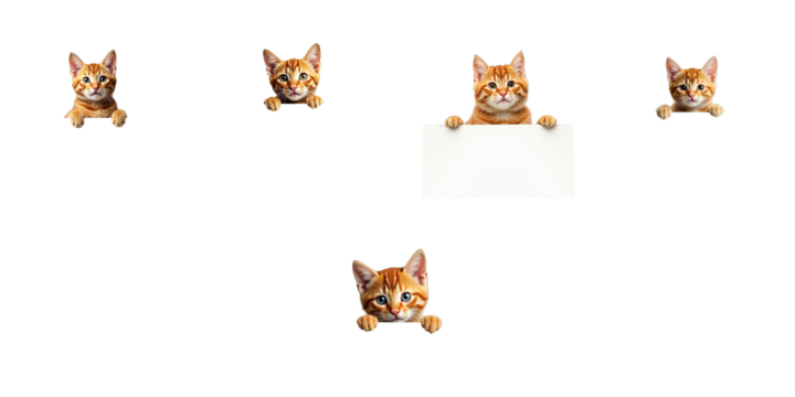 Playful Orange Tabby Cats with a Blank White Sign on transparent Background Featuring Multiple Expressions and Paws Peeking Playfully from the Edges