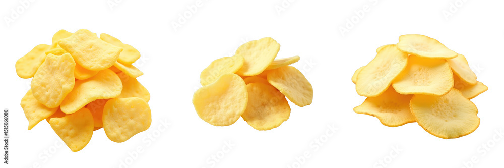 Aufkleber assorted potato chips piles on transparent background featuring three different stacks of crispy yel