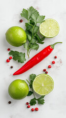 Fresh Green Limes, Red Chili Pepper, and Cilantro on White Background for Culinary Use