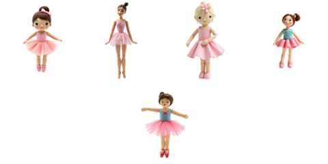 Collection of Colorful Ballerina Dolls Featuring Various Styles and Poses in Pink Tutus with Distinctive Hair Accessories Against a transparent Background