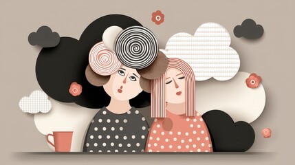 Abstract Art of Two Women with Creative Hair and Colorful Background Elements