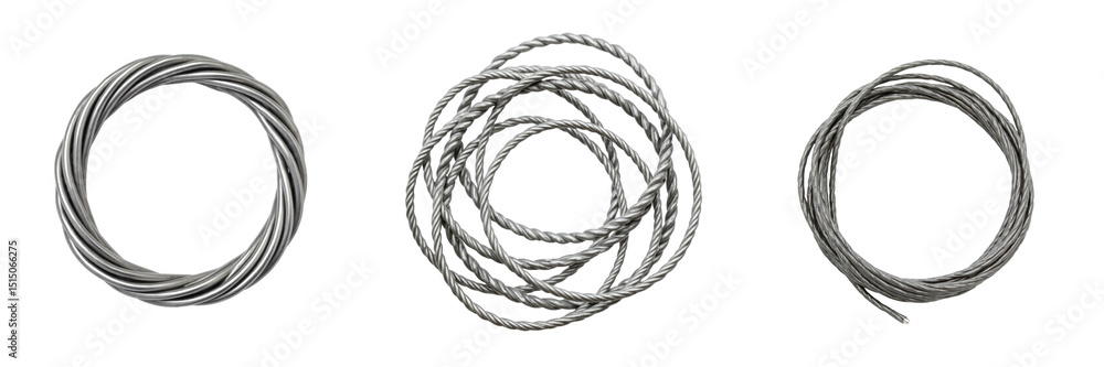 Poster collection of three unique twisted metal ropes displayed on transparent background featuring various