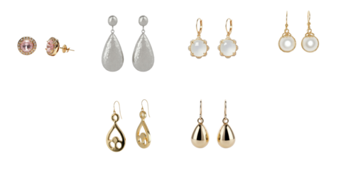 Elegant Jewelry Collection Featuring Various Gold and Pearl Earrings Displayed on a transparent Background with Unique Designs and Styles for Versatile Fashion Accessories