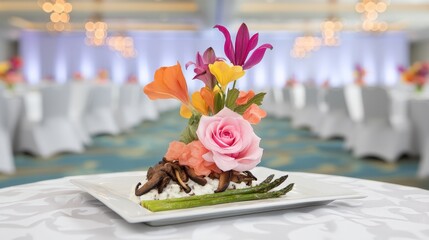 Elegant gourmet dish with vibrant flowers and asparagus on a fine dining table setting