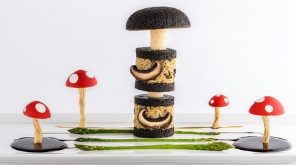 Creative Display of Sushi with Mushrooms and Edible Elements Styled on a White Surface