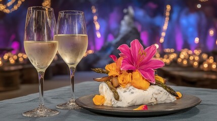 Elegant Dessert Presentation with Champagne in Romantic Setting with Soft Lighting and Flowers