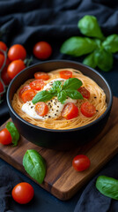 Delicious Bowl of Spaghetti with Cherry Tomatoes, Basil, and Creamy Sauce
