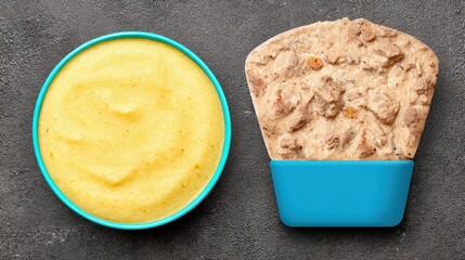 Creamy Polenta and Savory Meat Dish in Blue Bowls on Textured Gray Background