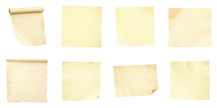 Collection of Various Yellow Sticky Notes in Different Shapes and Sizes Arranged on a Dark Background with Torn Edges and Rolled Corners