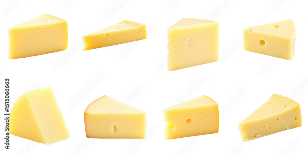Poster collection of various cheese wedges displayed on a transparent background including different shapes