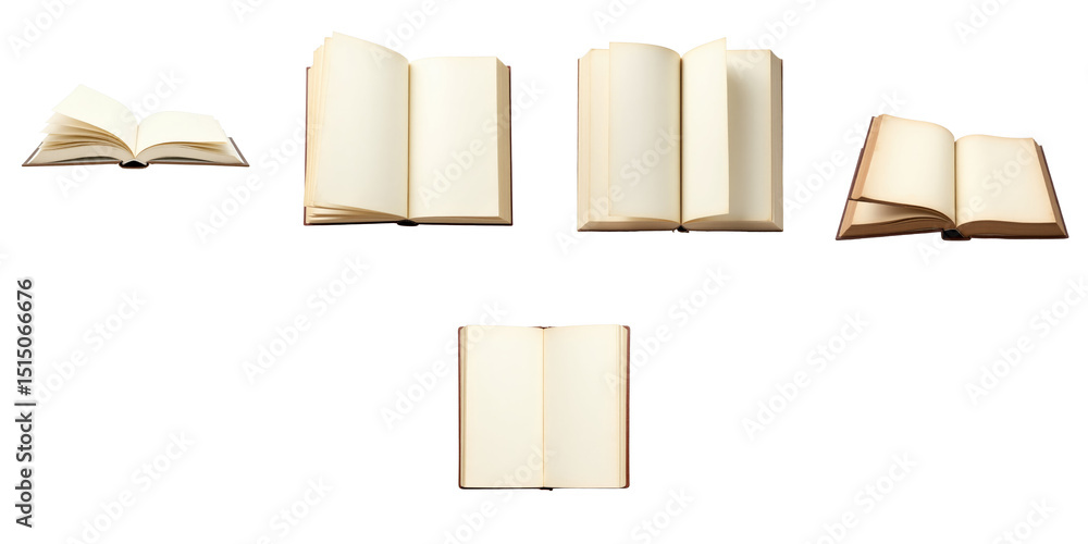 Poster collection of various open and closed books on transparent background showcasing different pages and