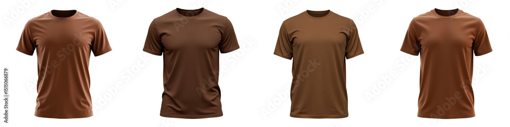 Poster collection of four brown t-shirts displayed against a transparent background showcasing different st