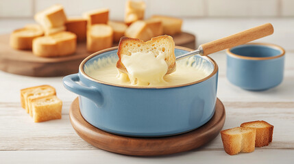 Melted Cheese Fondue in Blue Pot with Bread Cubes on Wooden Board