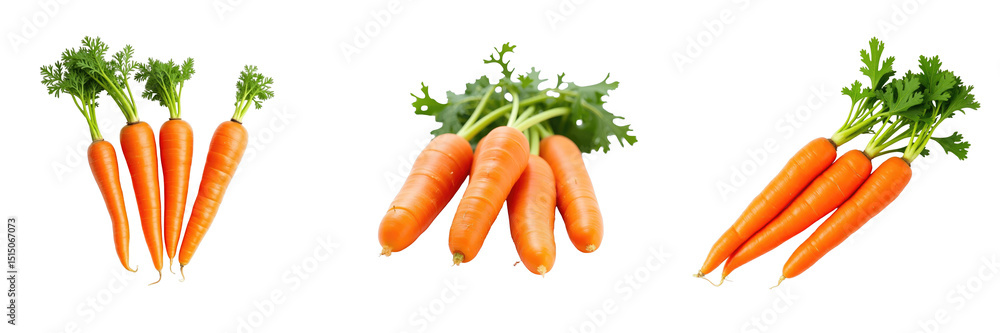 Poster fresh vibrant carrots with green tops in three groupings against a transparent background showcasing