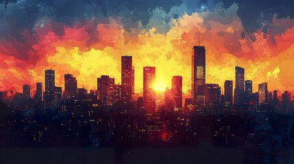 Fototapeta premium vibrant city skyline at sunset, showcasing dramatic colors and silhouettes
