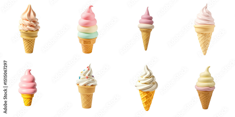 Poster variety of colorful ice cream cones displayed on transparent background featuring swirled toppings i