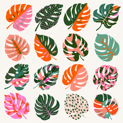 Colorful tropical leaves vector set. Monstera, palm leaf, botanical and jungle leaves design for nature background, backdrop, cover, summer banner, wallpaper, packaging, elements, pattern and prints.