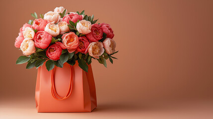 Beautiful bouquet of peonies in an orange gift bag against a simple orange background for floral or gift related themes